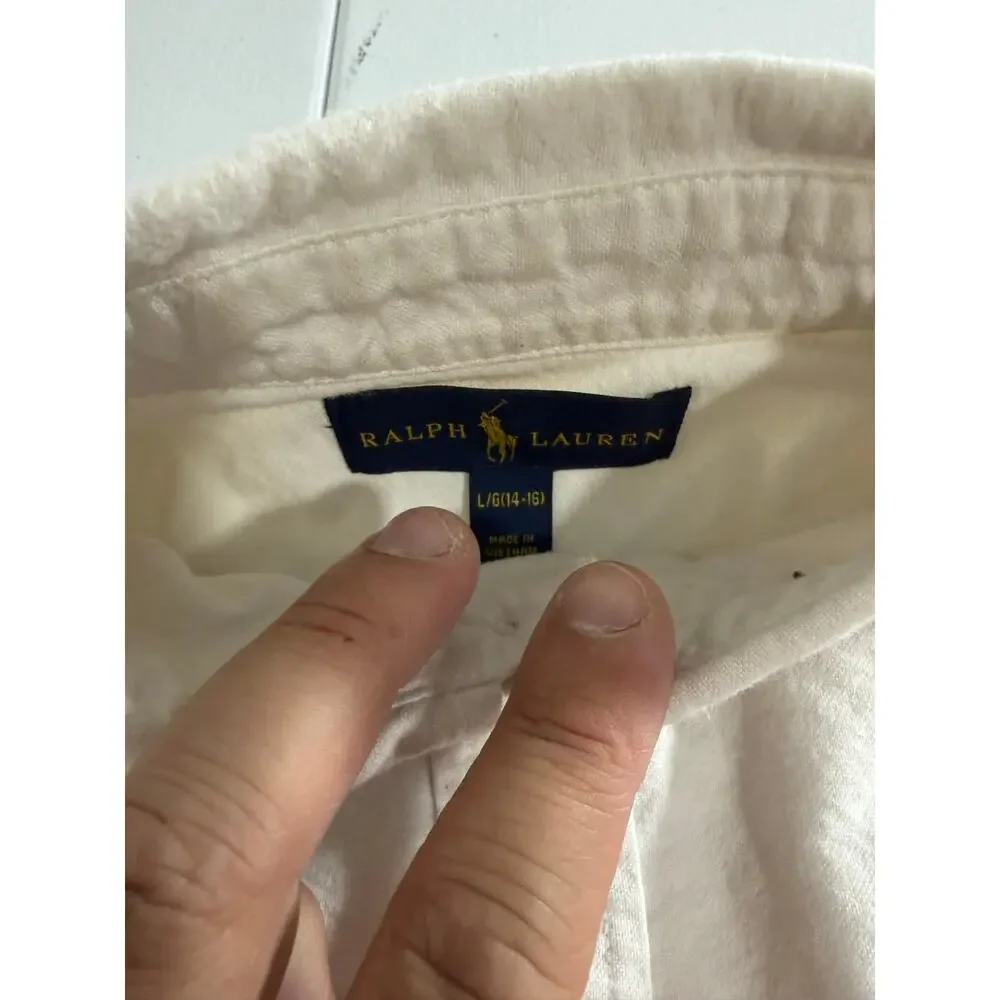 Polo Ralph Lauren Boys Oxford Button Down Shirt Sz L 14-16 Cream Pony Logo